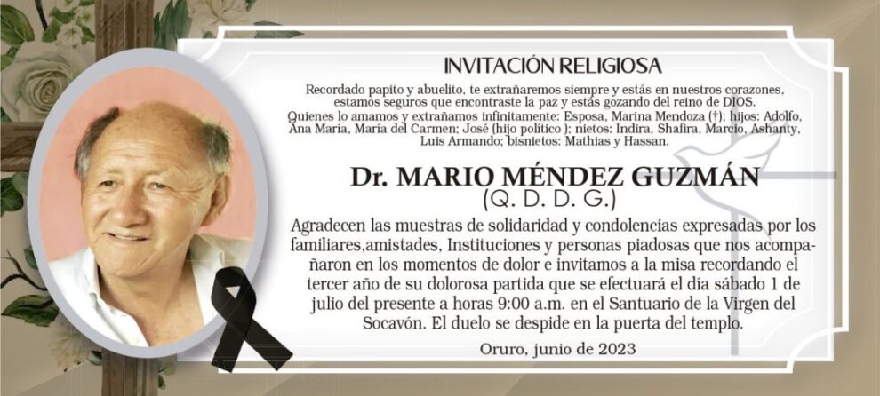 Invitación Religiosa para Dr. Mario Méndez Guzmán