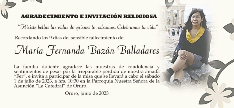 Agradecimiento e Invitación Religiosa: María Fernanda Bazán Balladares