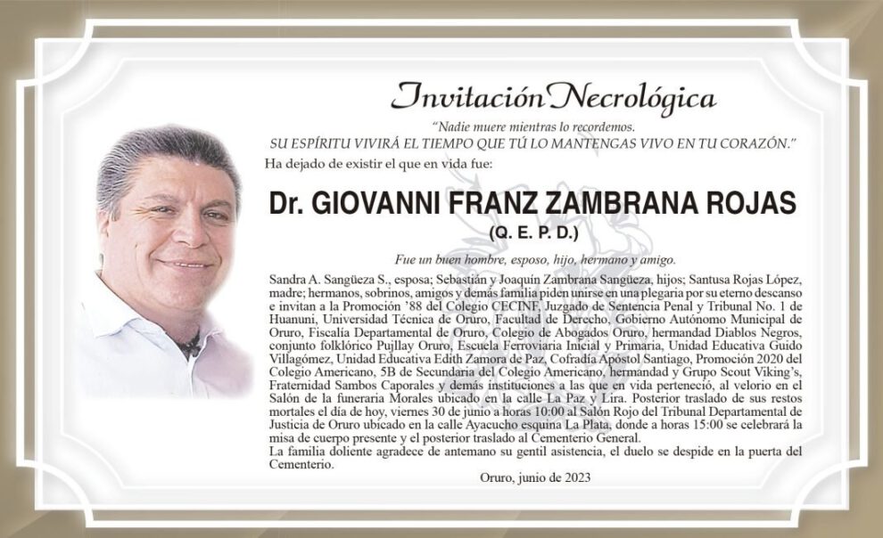 Invitación necrológica Dr. Giovanni Franz Zambrana Rojas