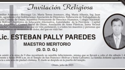Lic. Esteban Pally Paredes, invitación religiosa y misa de 9 días