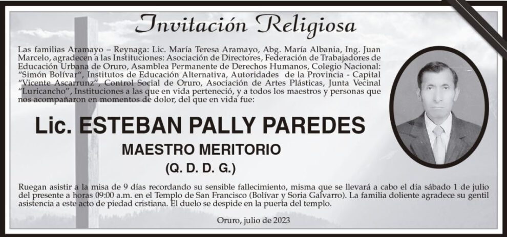 Lic. Esteban Pally Paredes, invitación religiosa y misa de 9 días