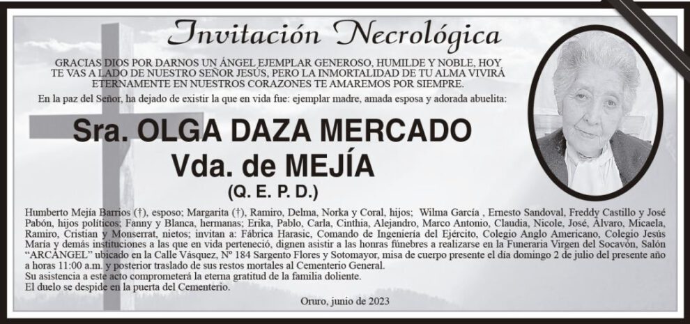 Invitación Necrológica de Olga Daza Mercado