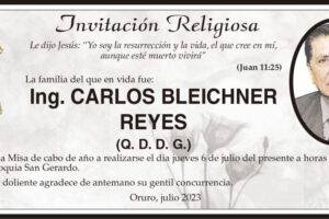 Ing. Carlos Bleichner Reyes invitación a misa de cabo de año