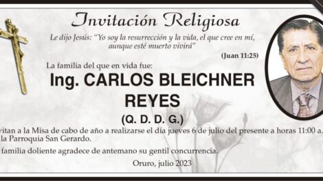 Ing. Carlos Bleichner Reyes invitación a misa de cabo de año