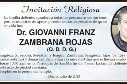 Invitación Religiosa para Dr. Giovanni Franz Zambrana Rojas
