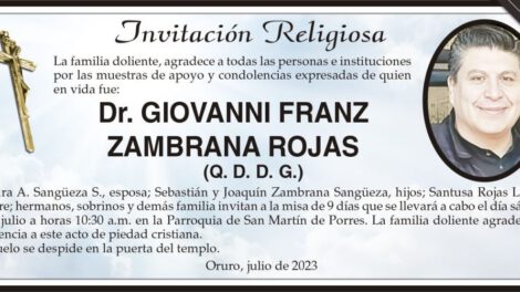 Invitación Religiosa para Dr. Giovanni Franz Zambrana Rojas