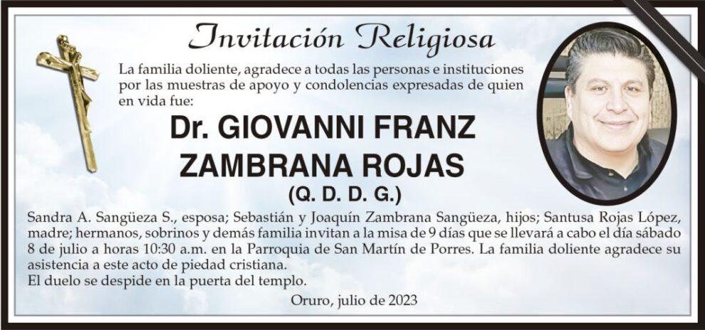 Invitación Religiosa para Dr. Giovanni Franz Zambrana Rojas