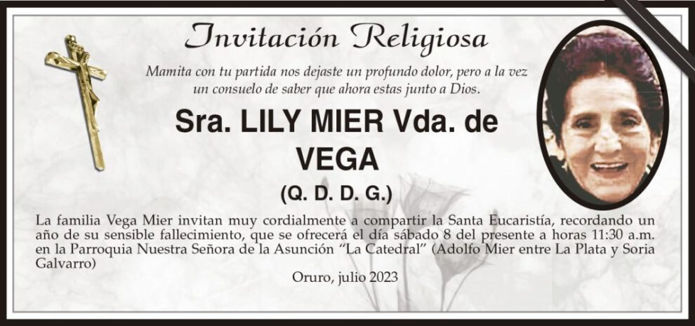 Sra. Lily Mier Vda. de Vega invitación religiosa
