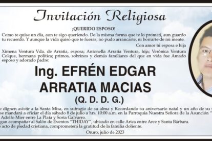 Invitación Religiosa para Ing. Efrén Edgar Arratia Macias