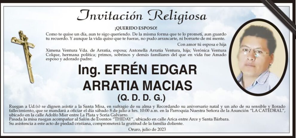 Invitación Religiosa para Ing. Efrén Edgar Arratia Macias