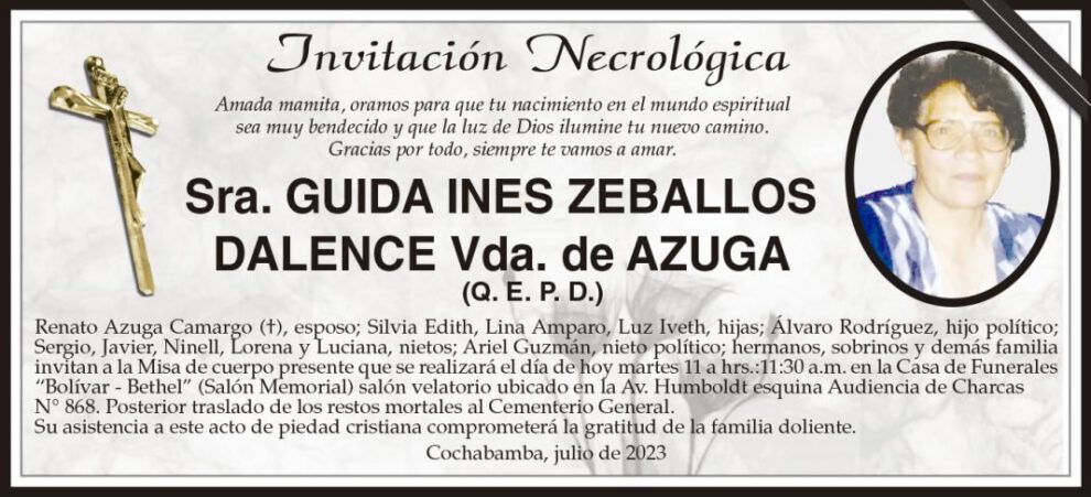 Invitación Necrológica para Guida Ines Zeballos Dalence