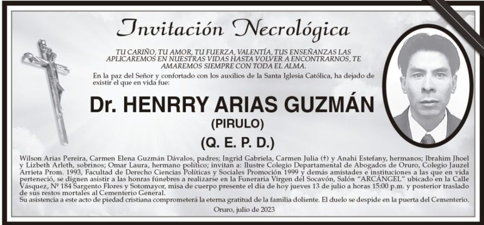 Invitación Necrológica: Dr. Henrry Arias Guzmán