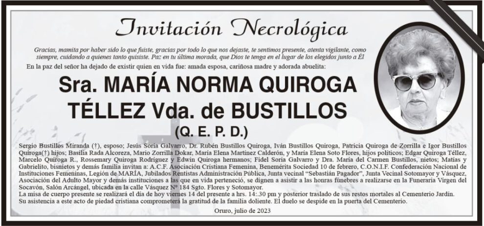 Necrológica María Norma Quiroga Téllez Vda. de Bustillos