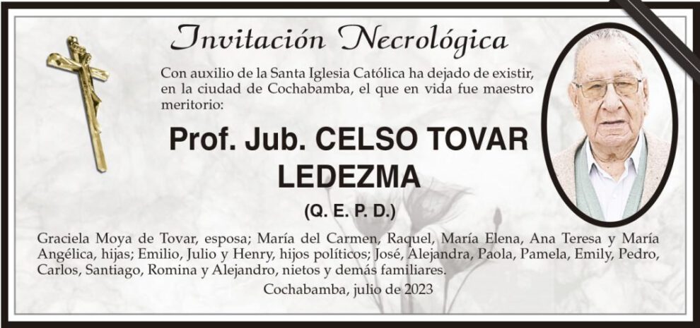 Invitación Necrológica: Prof. Jub. Celso Tovar Ledezma