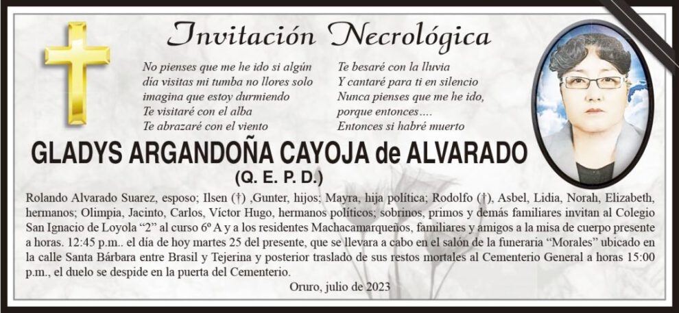 Invitación Necrológica: Gladys Argandoña Cayoja de Alvarado