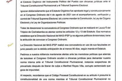 Movimiento Al Socialismo reafirma su autoridad para convocar al ampliado nacional