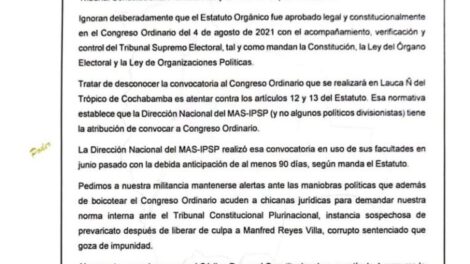 Movimiento Al Socialismo reafirma su autoridad para convocar al ampliado nacional