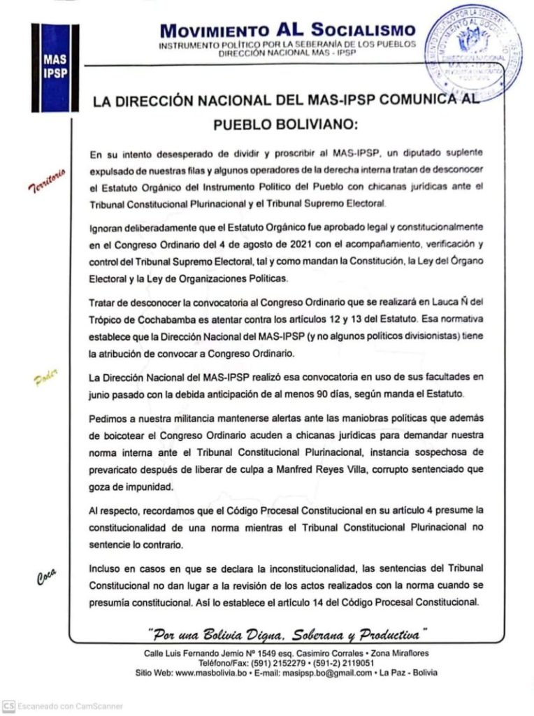 Movimiento Al Socialismo reafirma su autoridad para convocar al ampliado nacional