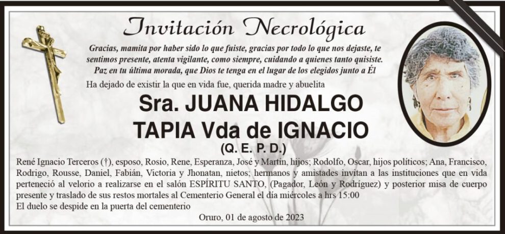 Invitación Necrológica: Juana Hidalgo Tapia