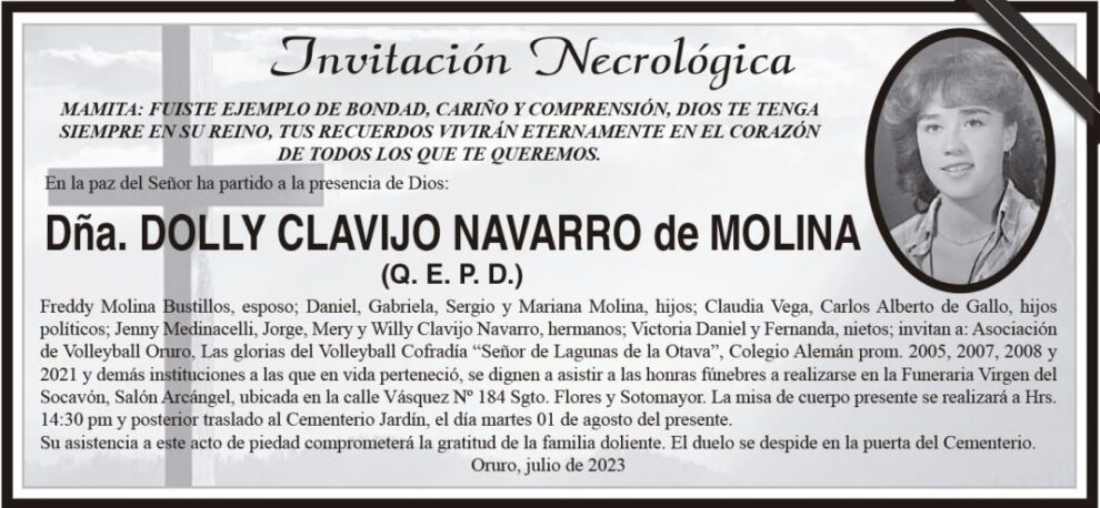 Dña. Dolly Clavijo Navarro de Molina, invitación necrológica