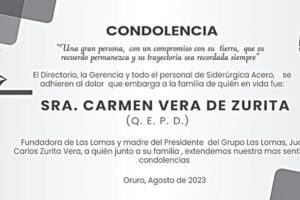 Condolencia por el fallecimiento de Carmen Vera de Zurita