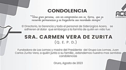Condolencia por el fallecimiento de Carmen Vera de Zurita