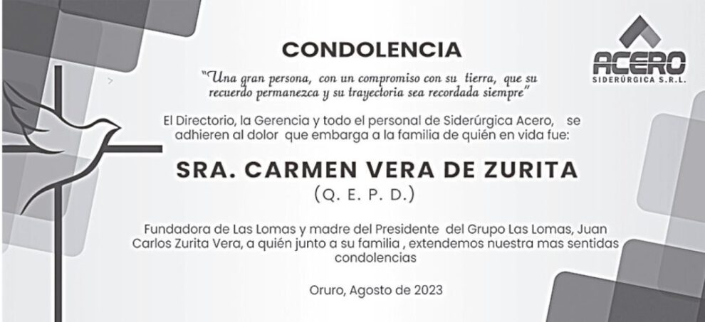 Condolencia por el fallecimiento de Carmen Vera de Zurita