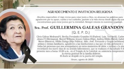 Agradecimiento Invitación Religiosa por la Sra. Prof. Guillermina Galeas Grandon