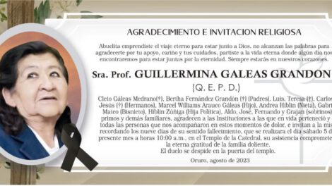 Agradecimiento Invitación Religiosa por la Sra. Prof. Guillermina Galeas Grandon