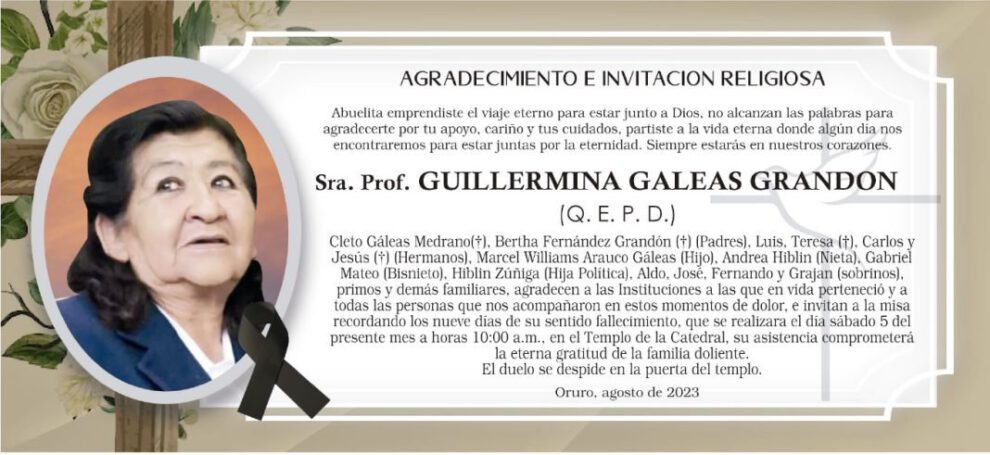 Agradecimiento Invitación Religiosa por la Sra. Prof. Guillermina Galeas Grandon