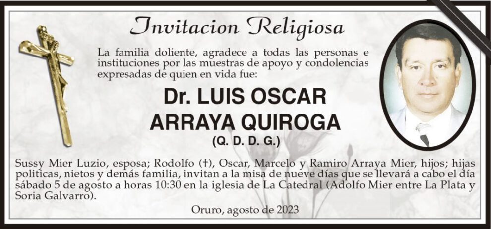 Invitación religiosa para Dr. Luis Oscar Arraya Quiroga