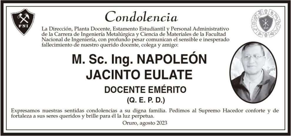 Condolencia por el fallecimiento de M. Sc. Ing. Napoleón Jacinto Eulate