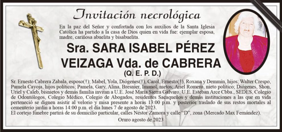 Invitación necrológica de Sara Isabel Pérez Veizaga