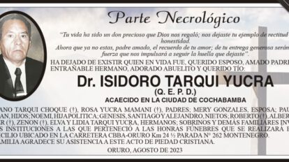 Necrológico del Dr. Isidoro Tarqui Yucra