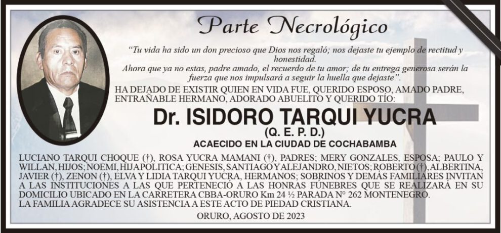 Necrológico del Dr. Isidoro Tarqui Yucra