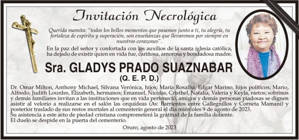 Invitación Necrológica de Gladys Prado Suaznabar