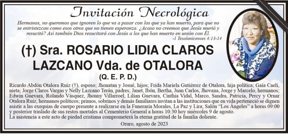 Necrológica Rosario Lidia Claros Lazcano