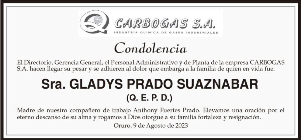 Condolencia por Gladys Prado Suaznabar