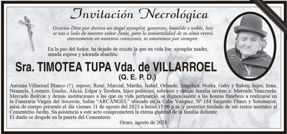 Invitación Necrológica Sra. Timotea Tupa Vda. de Villarroel