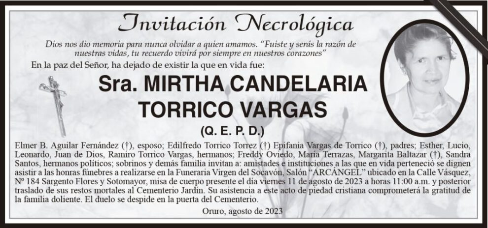 Invitación Necrológica de Mirtha Candelaria Torrico Vargas