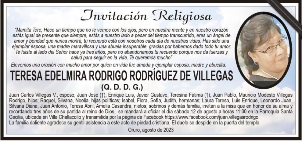 Obituario de Teresa Edelmira Rodrigo Rodríguez de Villegas