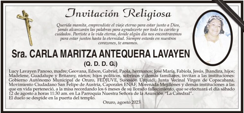 Invitación Religiosa: Sra. Carla Maritza Antequera Lavayen