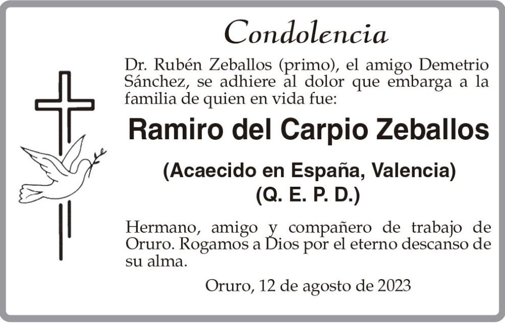 Condolencia por Ramiro del Carpio Zeballos