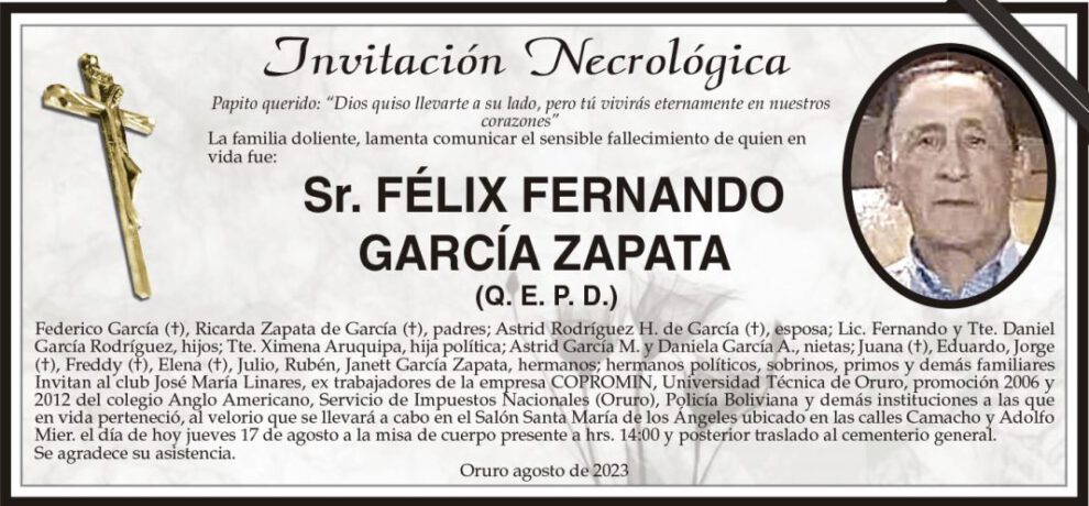 Invitación Necrológica: Félix Fernando García Zapata