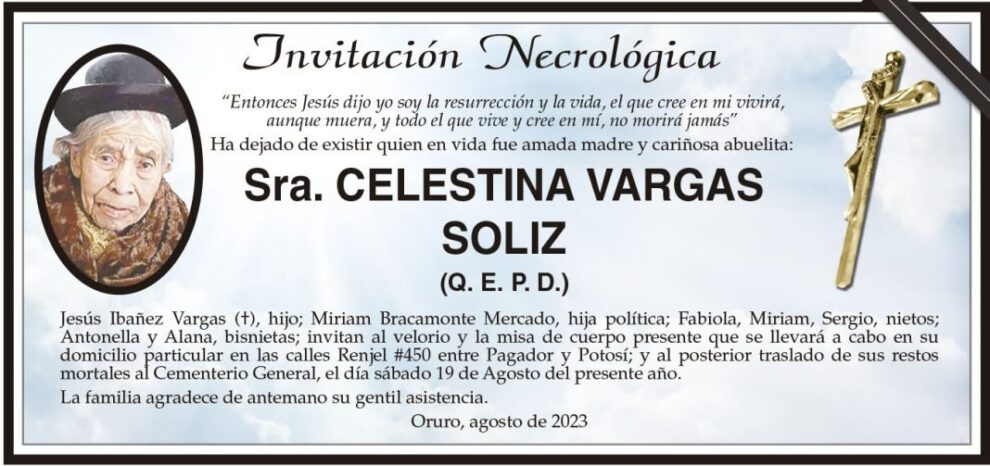 Invitación Necrológica de Celestina Vargas Soliz