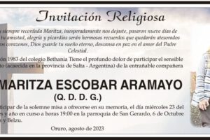 Lic. Maritza Escobar Aramayo, obituario y misa en su memoria