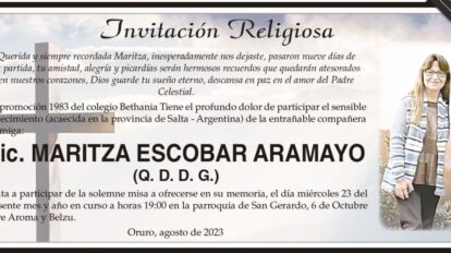 Lic. Maritza Escobar Aramayo, obituario y misa en su memoria