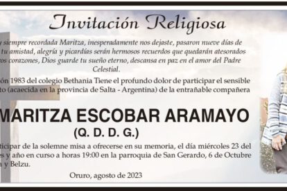 Lic. Maritza Escobar Aramayo, obituario y misa en su memoria