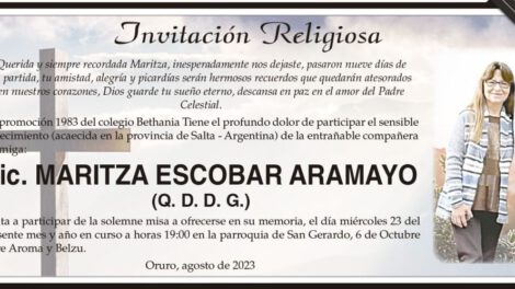Lic. Maritza Escobar Aramayo, obituario y misa en su memoria