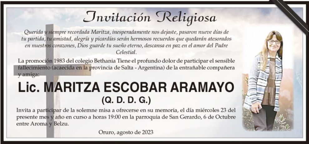 Lic. Maritza Escobar Aramayo, obituario y misa en su memoria